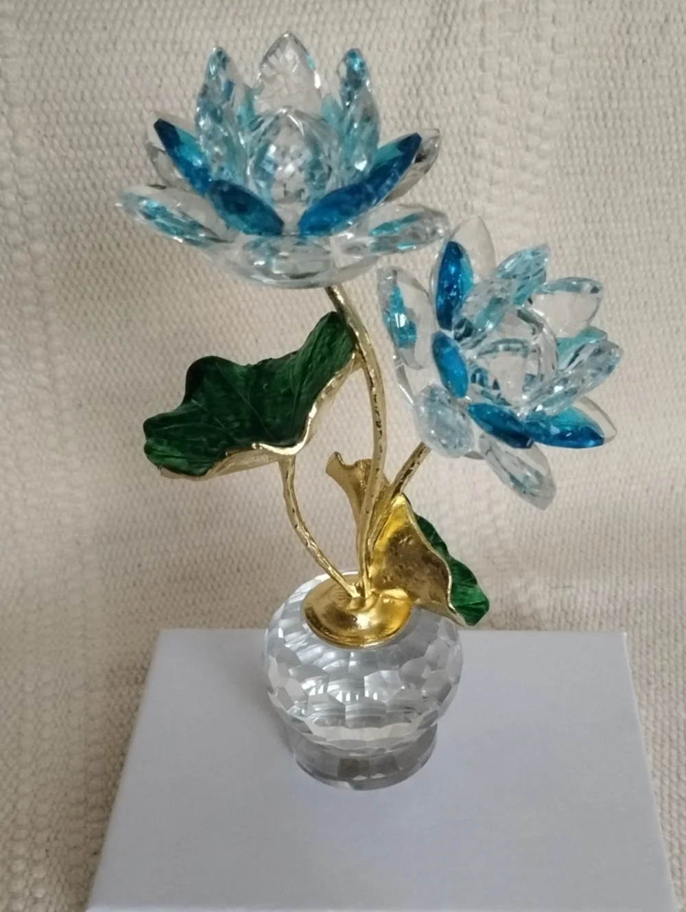Crystal Blue Lotus Flower Figurine with Gold Stem